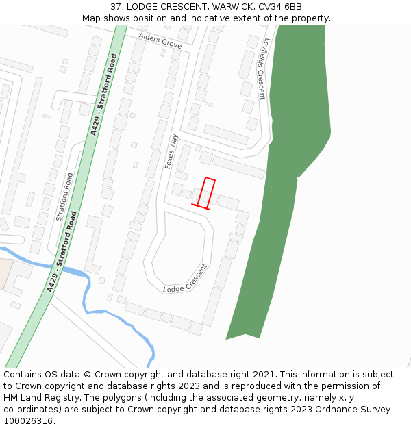 37, LODGE CRESCENT, WARWICK, CV34 6BB: Location map and indicative extent of plot
