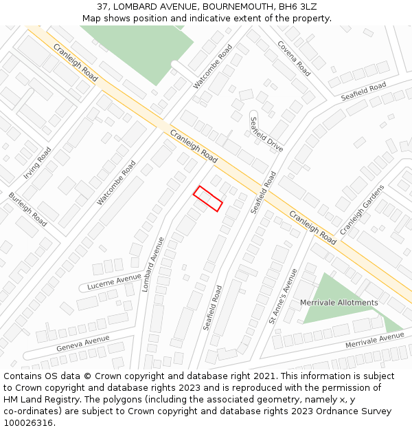 37, LOMBARD AVENUE, BOURNEMOUTH, BH6 3LZ: Location map and indicative extent of plot