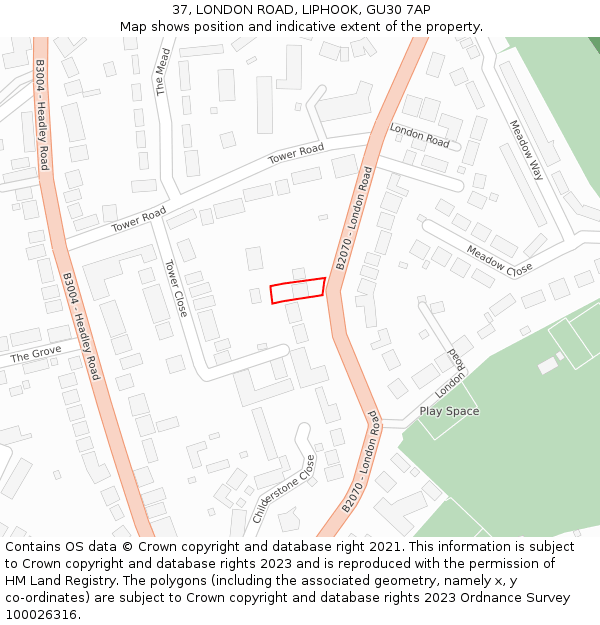 37, LONDON ROAD, LIPHOOK, GU30 7AP: Location map and indicative extent of plot