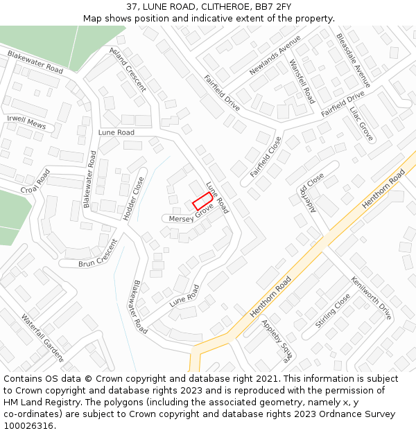 37, LUNE ROAD, CLITHEROE, BB7 2FY: Location map and indicative extent of plot