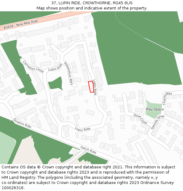 37, LUPIN RIDE, CROWTHORNE, RG45 6US: Location map and indicative extent of plot