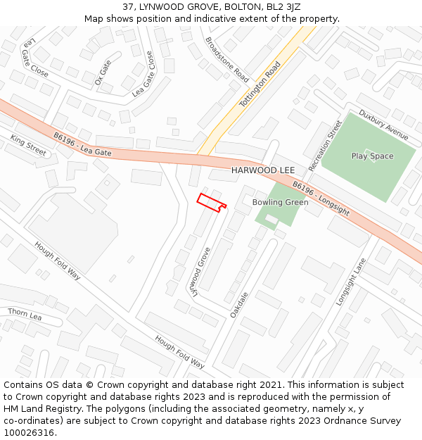 37, LYNWOOD GROVE, BOLTON, BL2 3JZ: Location map and indicative extent of plot