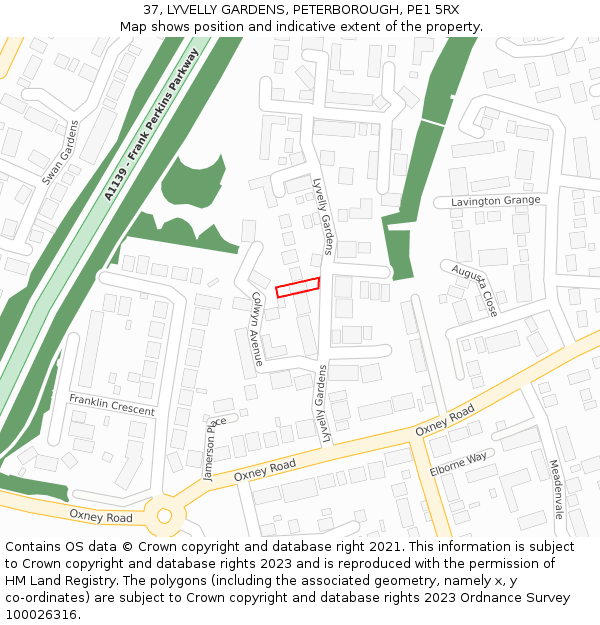 37, LYVELLY GARDENS, PETERBOROUGH, PE1 5RX: Location map and indicative extent of plot