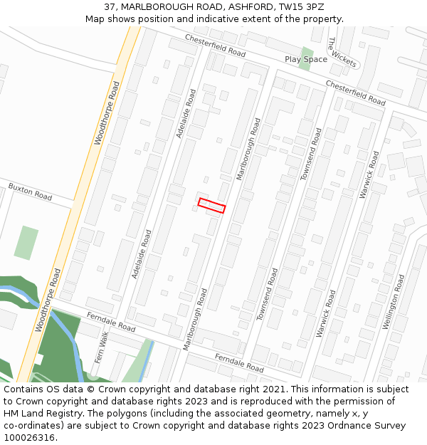37, MARLBOROUGH ROAD, ASHFORD, TW15 3PZ: Location map and indicative extent of plot