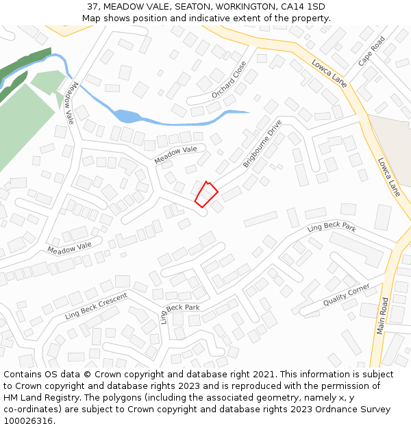 37, MEADOW VALE, SEATON, WORKINGTON, CA14 1SD: Location map and indicative extent of plot