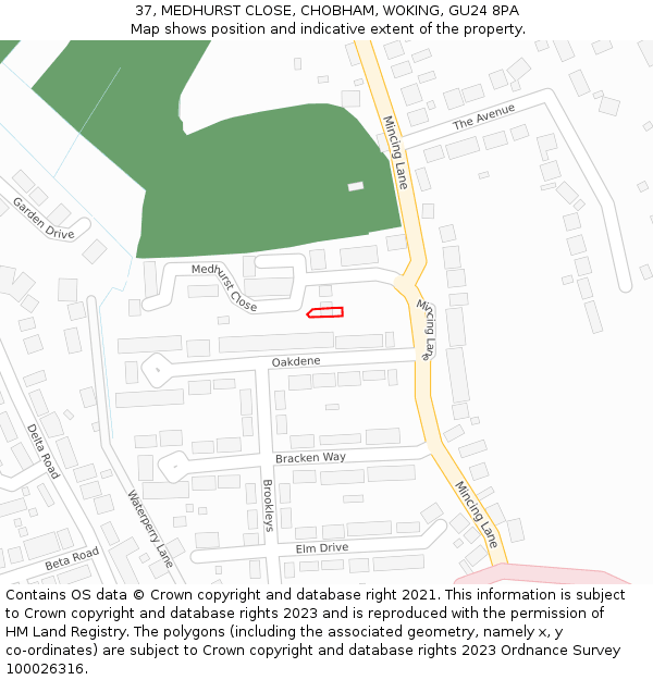 37, MEDHURST CLOSE, CHOBHAM, WOKING, GU24 8PA: Location map and indicative extent of plot