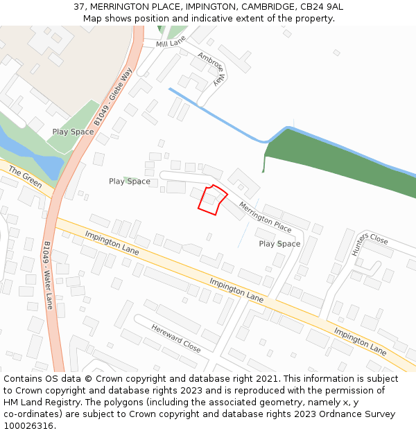 37, MERRINGTON PLACE, IMPINGTON, CAMBRIDGE, CB24 9AL: Location map and indicative extent of plot