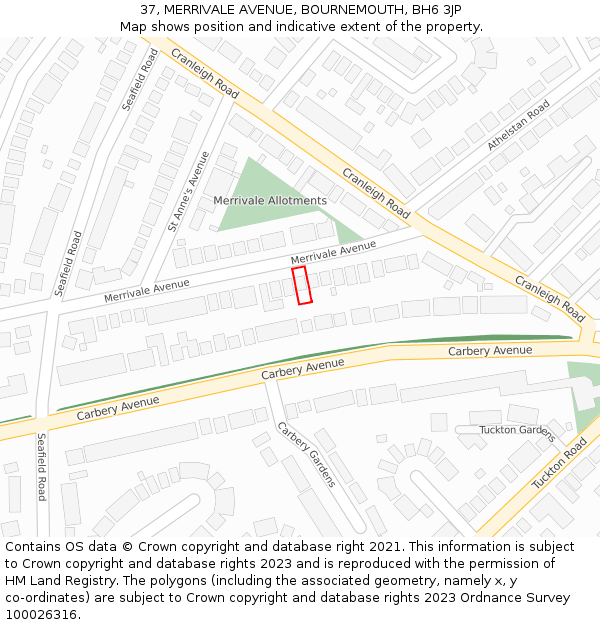 37, MERRIVALE AVENUE, BOURNEMOUTH, BH6 3JP: Location map and indicative extent of plot