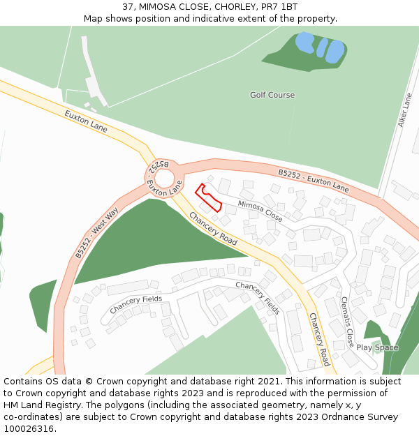 37, MIMOSA CLOSE, CHORLEY, PR7 1BT: Location map and indicative extent of plot