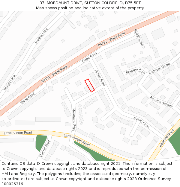 37, MORDAUNT DRIVE, SUTTON COLDFIELD, B75 5PT: Location map and indicative extent of plot