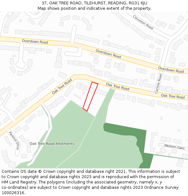 37, OAK TREE ROAD, TILEHURST, READING, RG31 6JU: Location map and indicative extent of plot