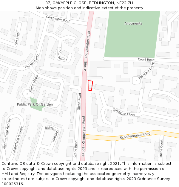 37, OAKAPPLE CLOSE, BEDLINGTON, NE22 7LL: Location map and indicative extent of plot