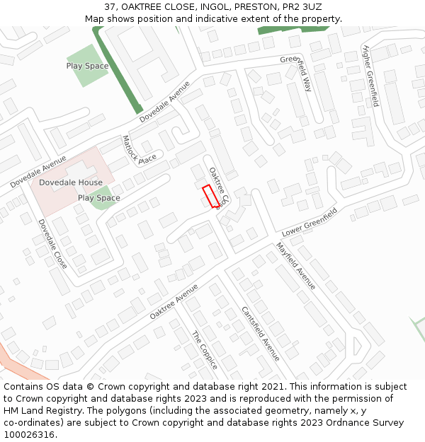 37, OAKTREE CLOSE, INGOL, PRESTON, PR2 3UZ: Location map and indicative extent of plot