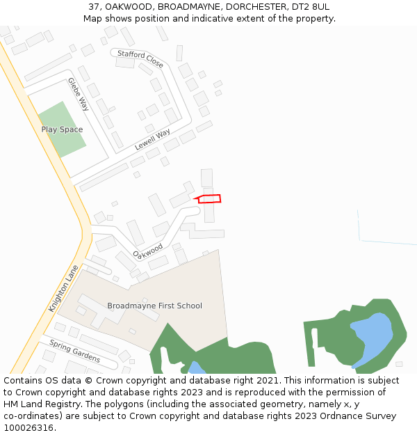 37, OAKWOOD, BROADMAYNE, DORCHESTER, DT2 8UL: Location map and indicative extent of plot