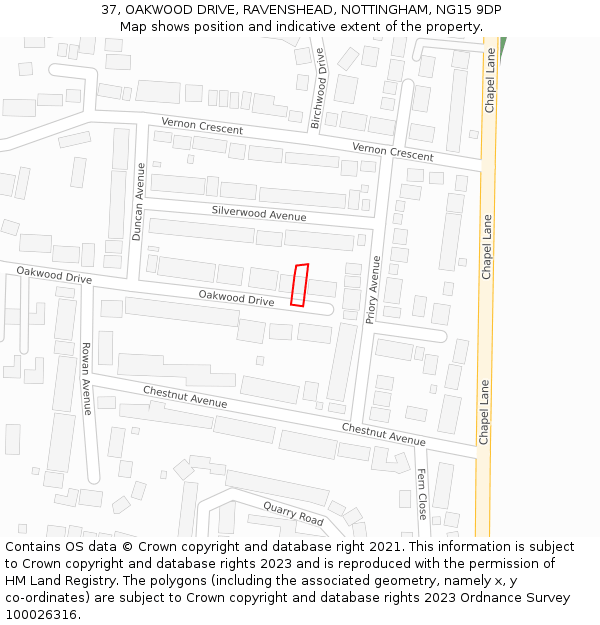 37, OAKWOOD DRIVE, RAVENSHEAD, NOTTINGHAM, NG15 9DP: Location map and indicative extent of plot