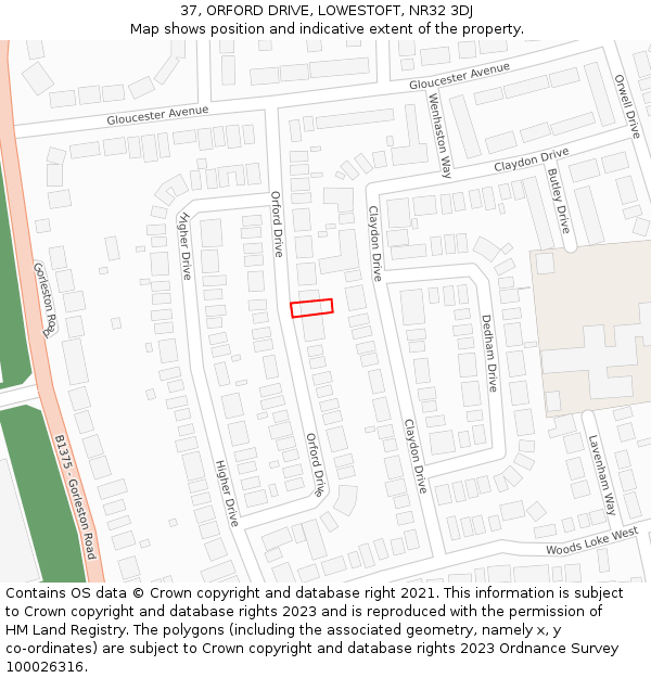 37, ORFORD DRIVE, LOWESTOFT, NR32 3DJ: Location map and indicative extent of plot