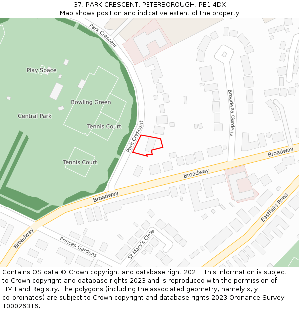 37, PARK CRESCENT, PETERBOROUGH, PE1 4DX: Location map and indicative extent of plot