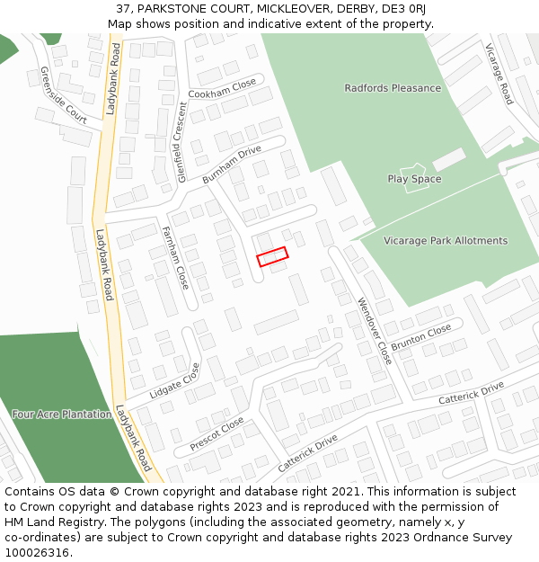 37, PARKSTONE COURT, MICKLEOVER, DERBY, DE3 0RJ: Location map and indicative extent of plot
