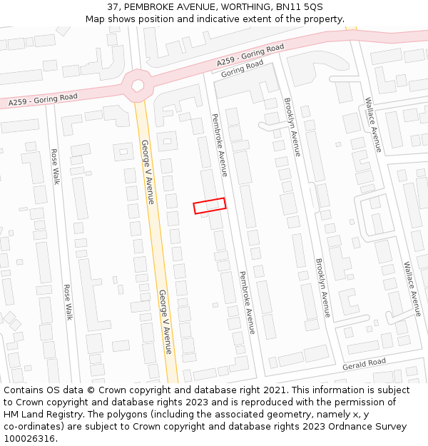 37, PEMBROKE AVENUE, WORTHING, BN11 5QS: Location map and indicative extent of plot