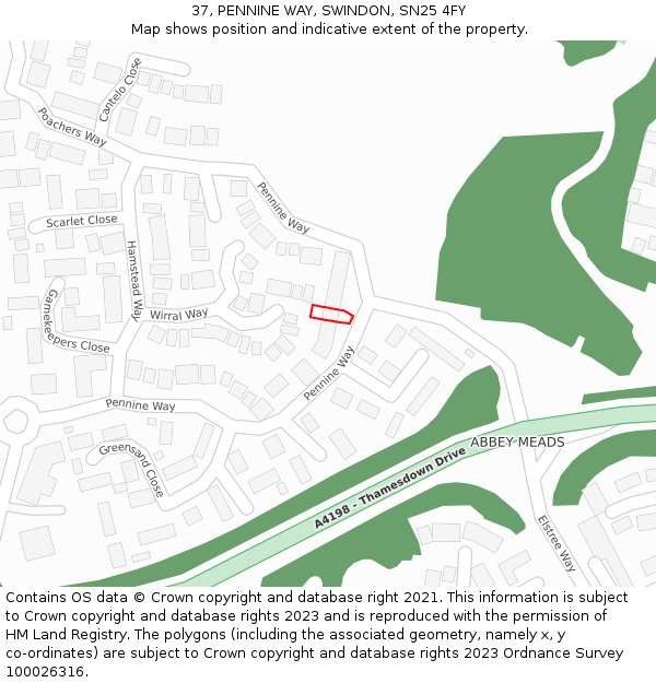 37, PENNINE WAY, SWINDON, SN25 4FY: Location map and indicative extent of plot