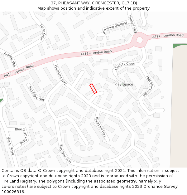 37, PHEASANT WAY, CIRENCESTER, GL7 1BJ: Location map and indicative extent of plot
