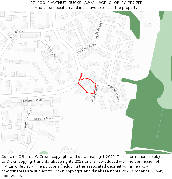 37, POOLE AVENUE, BUCKSHAW VILLAGE, CHORLEY, PR7 7FP: Location map and indicative extent of plot