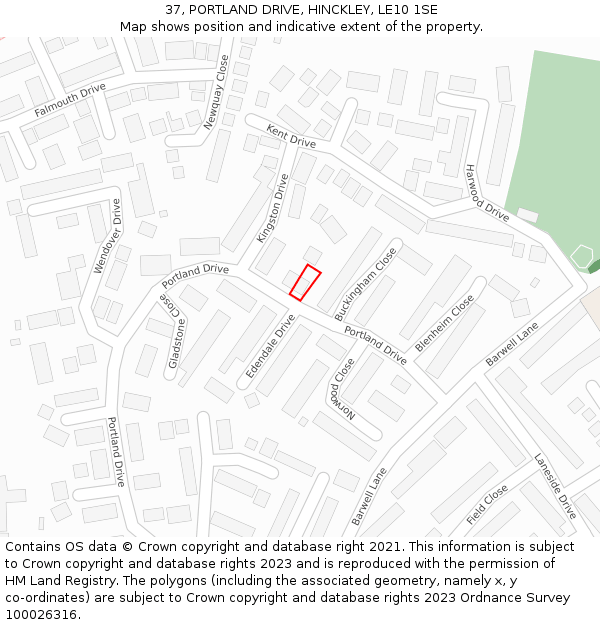 37, PORTLAND DRIVE, HINCKLEY, LE10 1SE: Location map and indicative extent of plot