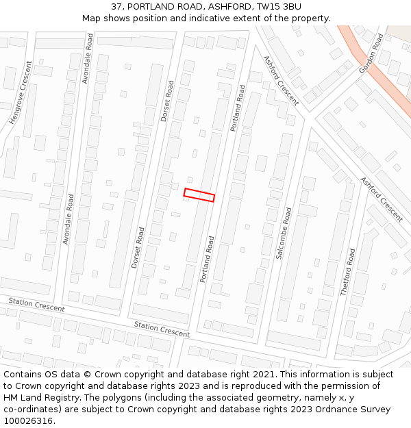 37, PORTLAND ROAD, ASHFORD, TW15 3BU: Location map and indicative extent of plot