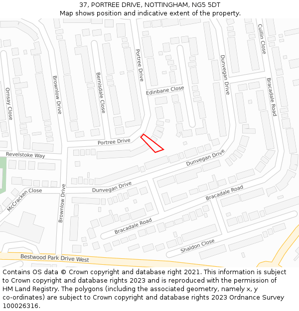 37, PORTREE DRIVE, NOTTINGHAM, NG5 5DT: Location map and indicative extent of plot