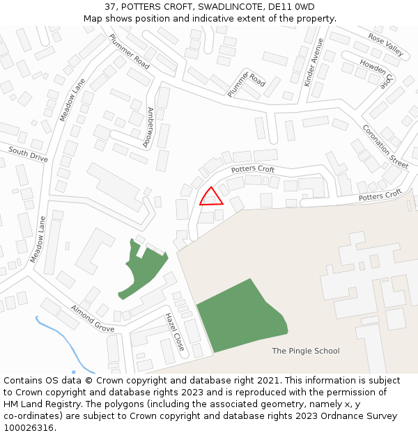 37, POTTERS CROFT, SWADLINCOTE, DE11 0WD: Location map and indicative extent of plot