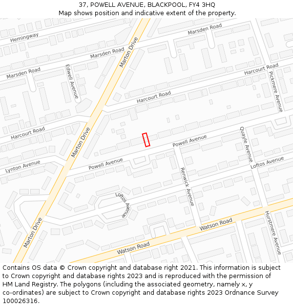 37, POWELL AVENUE, BLACKPOOL, FY4 3HQ: Location map and indicative extent of plot