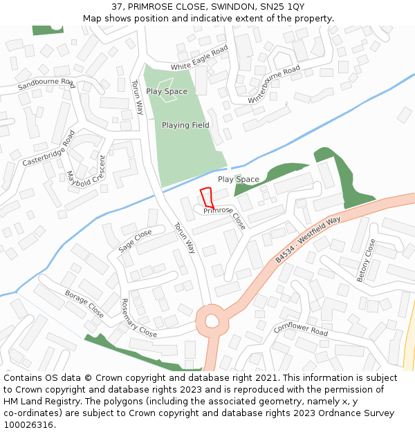 37, PRIMROSE CLOSE, SWINDON, SN25 1QY: Location map and indicative extent of plot
