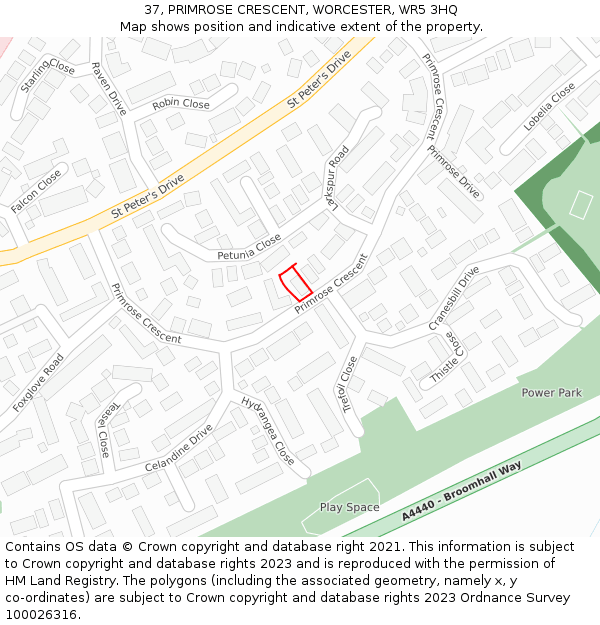 37, PRIMROSE CRESCENT, WORCESTER, WR5 3HQ: Location map and indicative extent of plot