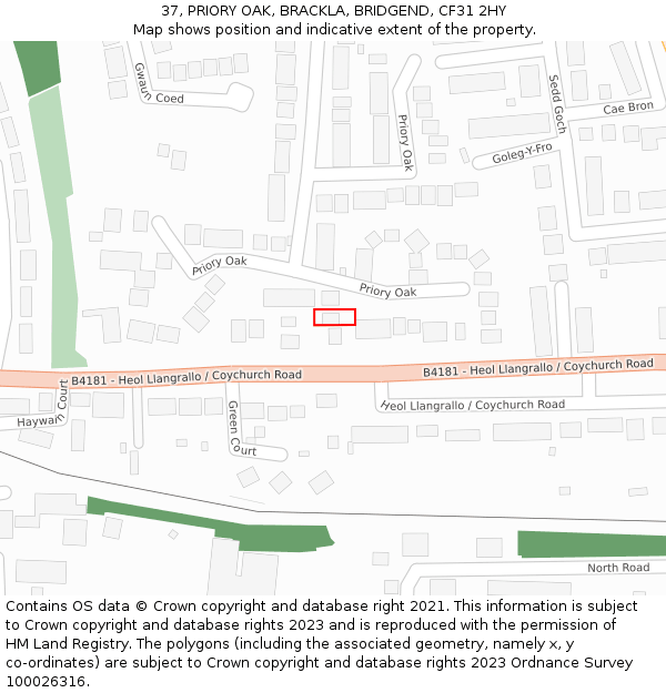 37, PRIORY OAK, BRACKLA, BRIDGEND, CF31 2HY: Location map and indicative extent of plot