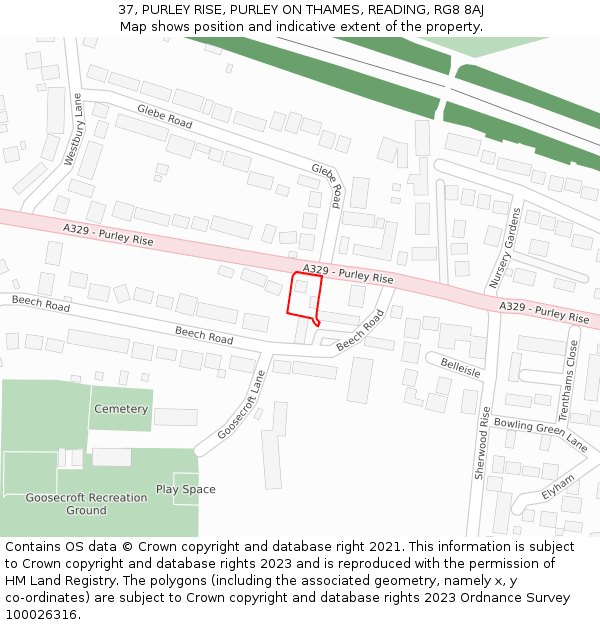 37, PURLEY RISE, PURLEY ON THAMES, READING, RG8 8AJ: Location map and indicative extent of plot