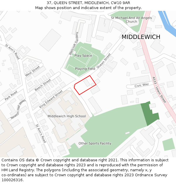 37, QUEEN STREET, MIDDLEWICH, CW10 9AR: Location map and indicative extent of plot