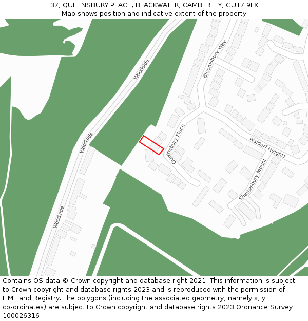 37, QUEENSBURY PLACE, BLACKWATER, CAMBERLEY, GU17 9LX: Location map and indicative extent of plot
