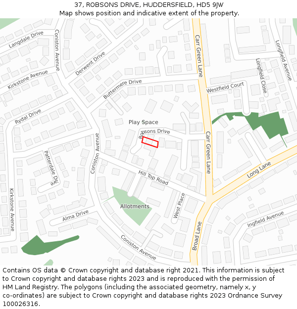 37, ROBSONS DRIVE, HUDDERSFIELD, HD5 9JW: Location map and indicative extent of plot