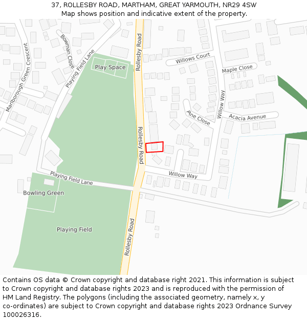37, ROLLESBY ROAD, MARTHAM, GREAT YARMOUTH, NR29 4SW: Location map and indicative extent of plot