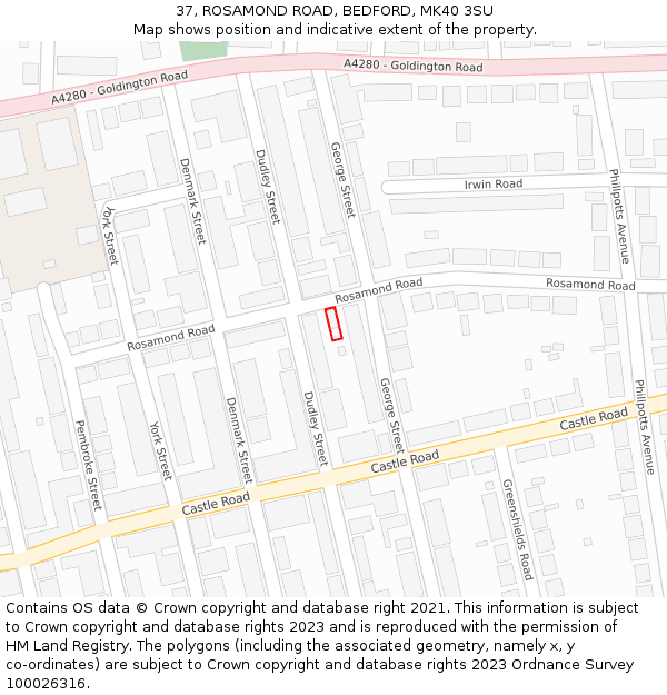 37, ROSAMOND ROAD, BEDFORD, MK40 3SU: Location map and indicative extent of plot