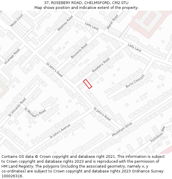 37, ROSEBERY ROAD, CHELMSFORD, CM2 0TU: Location map and indicative extent of plot