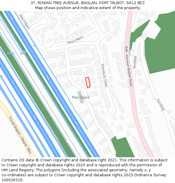 37, ROWAN TREE AVENUE, BAGLAN, PORT TALBOT, SA12 8EZ: Location map and indicative extent of plot