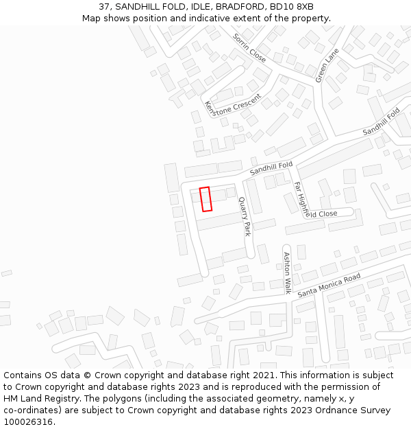 37, SANDHILL FOLD, IDLE, BRADFORD, BD10 8XB: Location map and indicative extent of plot