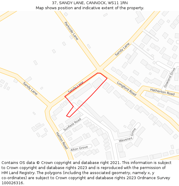 37, SANDY LANE, CANNOCK, WS11 1RN: Location map and indicative extent of plot