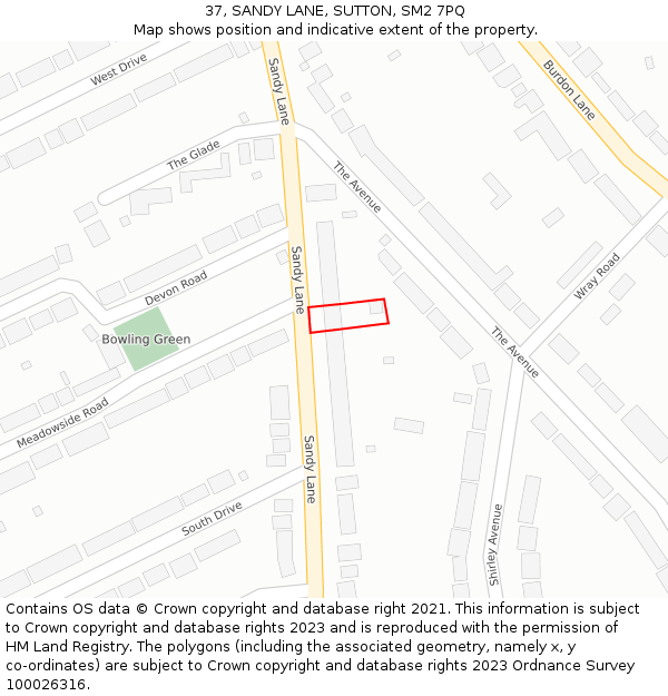 37, SANDY LANE, SUTTON, SM2 7PQ: Location map and indicative extent of plot