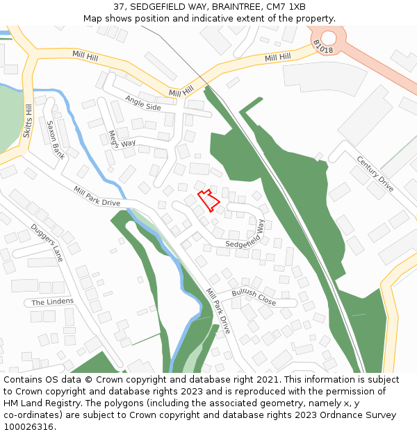 37, SEDGEFIELD WAY, BRAINTREE, CM7 1XB: Location map and indicative extent of plot