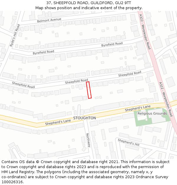 37, SHEEPFOLD ROAD, GUILDFORD, GU2 9TT: Location map and indicative extent of plot