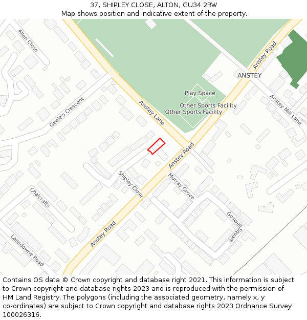 37, SHIPLEY CLOSE, ALTON, GU34 2RW: Location map and indicative extent of plot