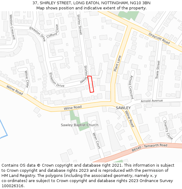 37, SHIRLEY STREET, LONG EATON, NOTTINGHAM, NG10 3BN: Location map and indicative extent of plot