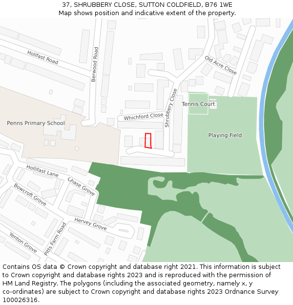 37, SHRUBBERY CLOSE, SUTTON COLDFIELD, B76 1WE: Location map and indicative extent of plot